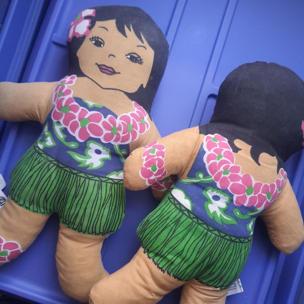 VTG Lot Of 2 Hawaiian Huggables Girls 14" Tiki Bar Pillow By C&H Sugar CO Promo